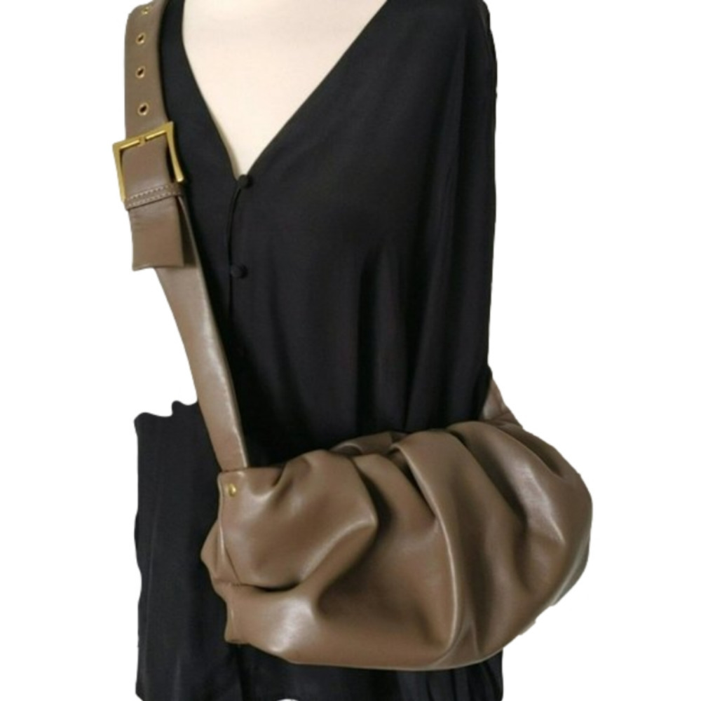 MW Most Wanted Faux Leather Shoulder Bag Taupe Ruched with Buckle Strap